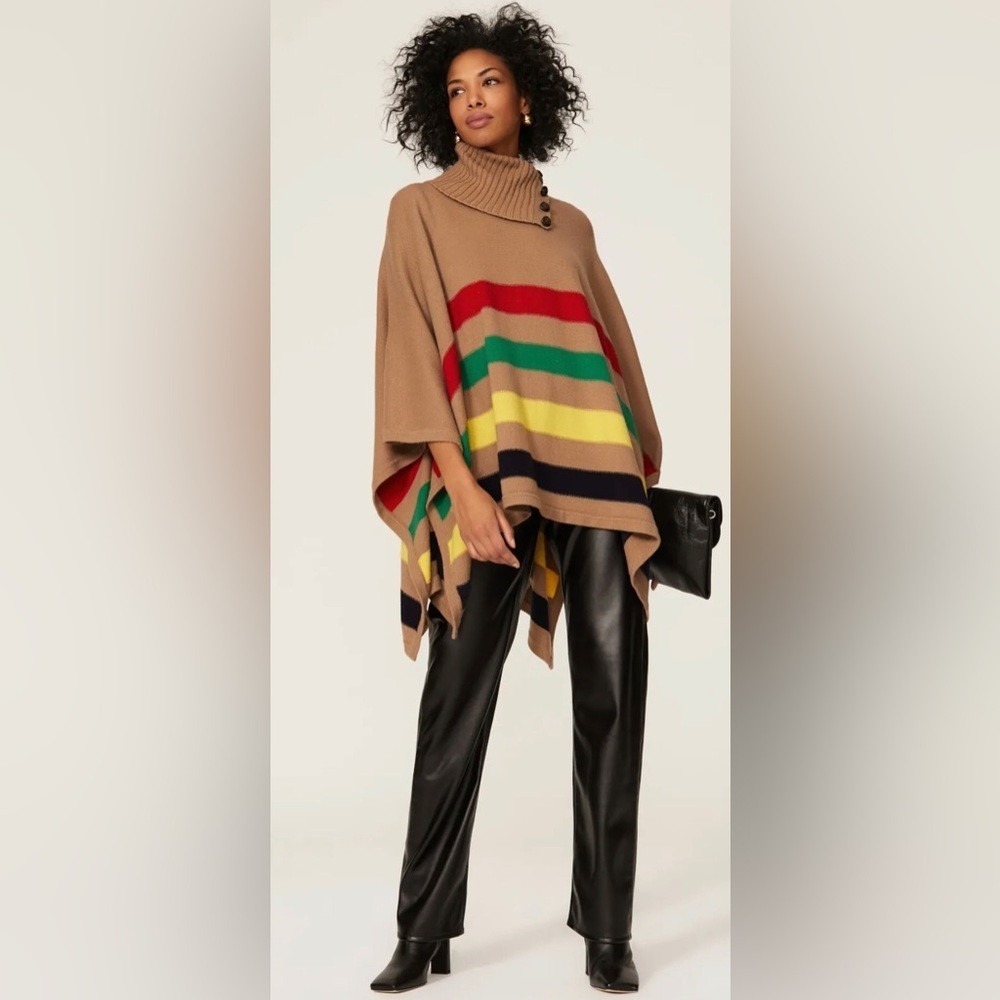 Lauren Ralph Lauren Poncho Women Small Medium Tan Multi Stripe Button Wool Blend - Picture 1 of 16